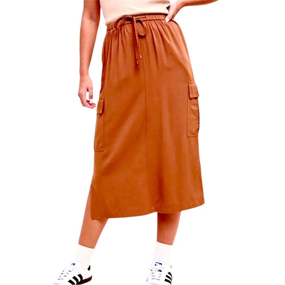 Sanctuary Linen Blend Rust Cargo Midi Skirt with Side Slits Size M